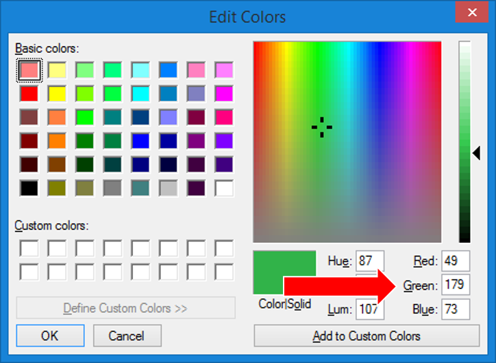 The following is the screen that pops up when you edit colors, record the RGB codes for later use.
