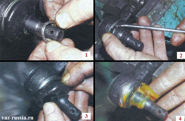 Снятие обоих колец и снятие пыльника наконечника рулевой тяги